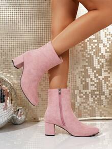 女士秋冬新款英伦风弹力麂皮修身踝靴，舒适百搭显瘦粗跟时尚踝靴 - 粉色 - 查看 4