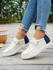 撞色拼接学院风休闲户外平底鞋，新款春秋季女士大码平底休闲鞋，蓝/红/白纯色拼接帆布乐福鞋 - 藍色 - 查看 3