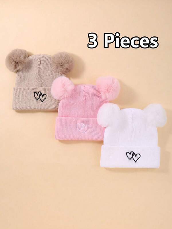 Combinação de 3 peças de gorro de malha quente infantil de cor sólida para outono e inverno com design bordado em forma de coração, adequado para manter as crianças aquecidas