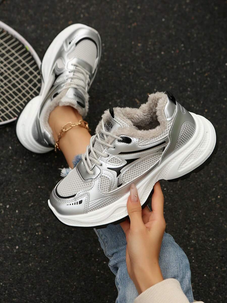 Giày thể thao đế dày buộc dây thời trang thu/đông cho nữ, màu tương phản, lỗ xỏ dây kim loại, phong cách đường phố, thoải mái, ấm áp, tăng chiều cao ẩn, lưới thoáng khí, giảm xóc, giày thường ngày ngoài trời - Bạc - Xem 1