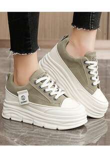 女士新款厚底休闲帆布运动鞋，系带硫化橡胶底厚底休闲鞋，适合秋季