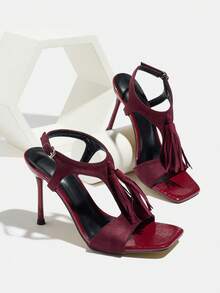 Zapatos de tacón alto para mujer, adecuados para primavera, otoño, fiestas nocturnas, reuniones, exteriores, banquetes de moda de alta gama, galas, exposiciones, tacón alto delgado chapado, punta cuadrada, decoración con borlas, correa de tobillo ajustable, material de gamuza sintética suave, elegante, lujoso, clásico, tacones altos burdeos, versátil para ir al trabajo, vestidos formales - Burdeos - Ver 5