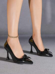 Women's Black Pointed Toe Bowknot Stiletto Heel Slip-On Fashion Comfortable Minimalist Casual Elegant High Heel Pumps