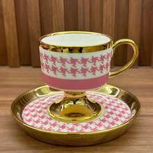 1 Set Ceramic Checkered Gold-Rimmed Vintage Coffee Cup & Saucer, Elegant For Women And Men, Suitable For Turkish/Arabic Espresso, Breakfast, Tea Party, Afternoon Tea, Home, Garden, Restaurant - Applicable For Summer, Autumn, Winter Beverages - Recommended Halloween, Christmas Gift