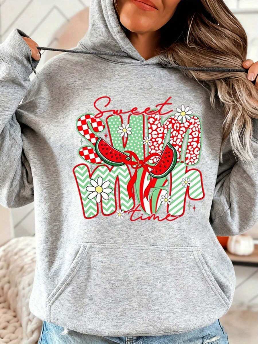 Cute Summer Print Hoodie Sweet Summer Time Watermelon Daisy Pattern Women Casual Wear For Beach Vacation Outing - Grey - View 1