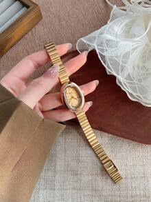 1pc Women's Oval Silver-Black Dial Gold-Tone Quartz Casual Watch, Suitable For Daily Wear - Gold - View 3