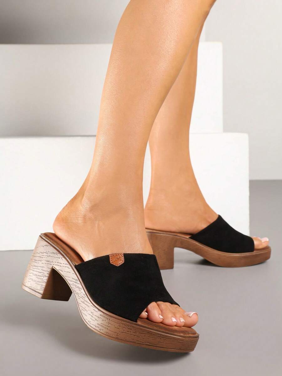 Soft Suede Platform Slides For Women - Summer Casual - Black - View 1