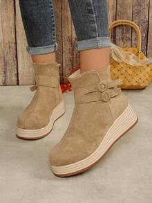 Women's Wedge Ankle Boots, Round Toe Side Zipper Suede Ankle Boots, Comfortable & Versatile - Khaki - View 3