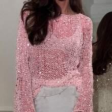 Women Sequin Crochet Sheer Mesh See Through Pullover Tops Shiny Long Sleeve Hollow Out Fishnet Knit Sparkly Top - Pink - View 2