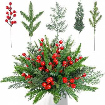 60 Stücke künstliche Kiefernzweige, Fake Grünpflanzen, Kiefernzweige zum Blumenarrangieren, künstliche rote Beeren, Kiefernnadeln, für DIY Weihnachtskränze, Weihnachtskranz Dekoration, Weihnachtsdekoration, Blumenarrangements