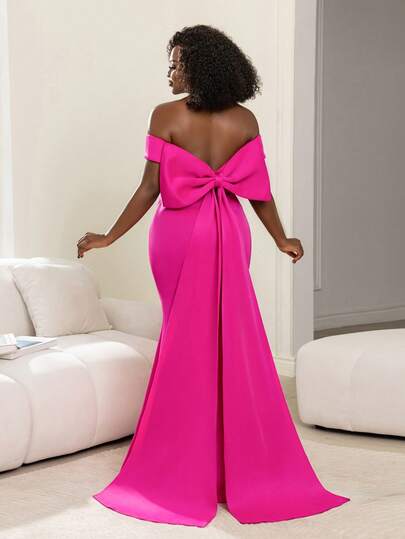 Faeriesty Elegant And Stunning Off-Shoulder Mermaid Evening Gown, Featuring A Large Bow Detail At The Back | Slightly Stretchy Fabric | Perfect For Weddings, Galas, Balls, And Formal Dinners