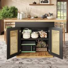 Large Telescopic Table (110-140 X 80 Cm), Folding Kitchen Table For 4-6 People, Extendable Dining Table, Space-Saving Kitchen Table, For Kitchen And Living Room, Table With PE Rattan Cabinet Doors - 黑色 - 查看 12