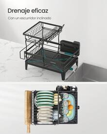 SONGMICS Escurreplatos, Escurridor para Encimera de Cocina de 2 Niveles, Giratorio 360° y Extensible, con Soporte para Cubiertos, 31 x 42 x 36,5 cm, Negro Tinta - Negro - Ver 5