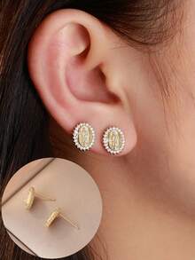 1 Pair Classic Vintage Style Virgin Mary Sparkling Cubic Zirconia Stud Earrings, Gold Plated, Suitable For Women's Engagement/Wedding Decoration, Casual Daily Wear