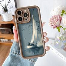 Cubierta de telefono con borde negro para iPhone 15 Pro Max diseño de velero en el mar con gaviotas estilo vintage para uso diario y viajes - Café integral - Ver 7