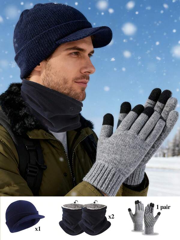 4 pièces/set Ensemble d'hiver chaud pour hommes - Gants tactiles tricotés épais, cache-cou, chapeau à oreillettes isolé, convient pour le ski, la course en extérieur, la randonnée, le cyclisme en automne/hiver