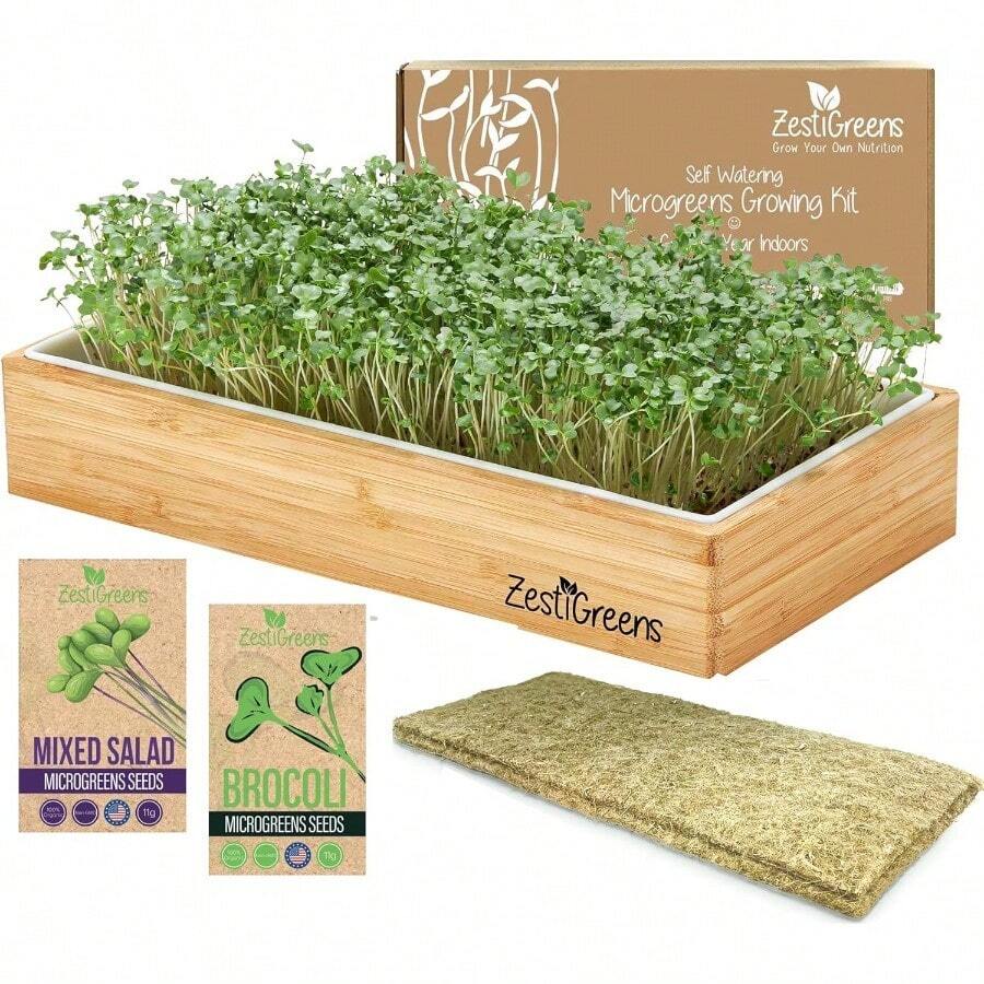 Self-Watering Microgreens Growing Kit Effortless Indoor Garden Solution For Fresh Salad And Broccoli Microgreens At Home Includes Reusable Tray Organic Seeds Grow Mats And Elegant Bamboo Frame No Soil No Mess Perfect For Kitchen Or Office Use - 沙拉綠色花椰菜 - 查看 1