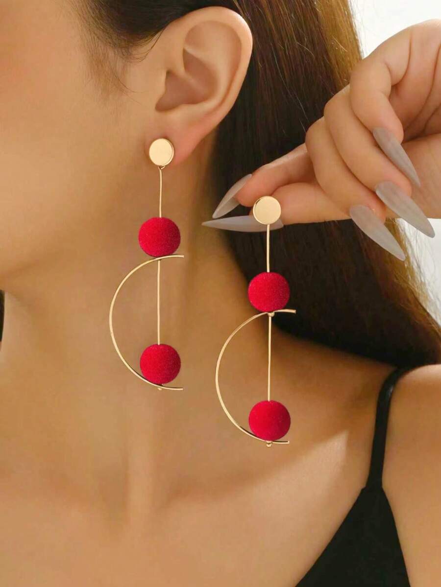 1 Đôi bông tai dài phong cách retro tối giản, đa năng, sáng tạo, thiết kế hình bán nguyệt xoay được với mặt dây chuyền hình quả cầu màu đỏ, phù hợp cho phụ nữ đeo hàng ngày, dự lễ hội, tiệc tùng, ngày lễ, quà tặng Ngày Valentine cho gia đình/bạn bè. - Vàng + Đỏ - Xem 1