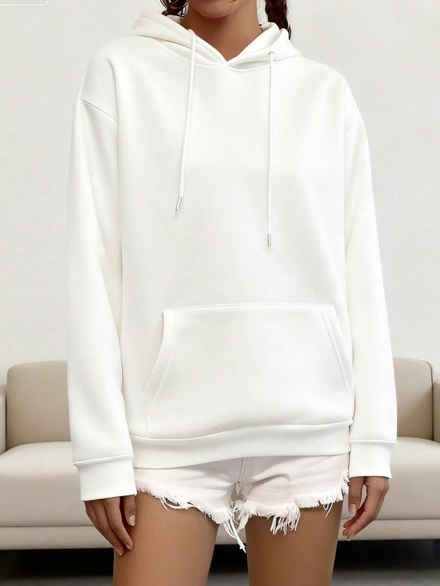 Women's Simple Sporty Hooded Sweatshirt (With Front Pocket) - Comfortable Autumn/Winter Everyday Pullover Style, Machine Washable, Casual Sporty Sweatshirt With Ribbed Cuffs - trắng - Xem 1
