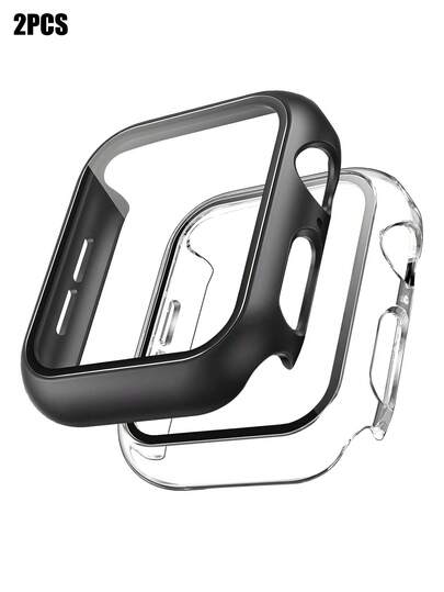 2pcs Fashionable Casual PC Smart Watch Case 2 In 1 Ultra-Thin Tempered Glass Screen Protector Cover, For Apple Watch Band 38/40/41/42/44/45/46/49mm, For Apple Watch Series Ultra/SE/11/10/9/8/7/6/5/4/3/2/1, Intelligent Watch Accessories Black + Clear