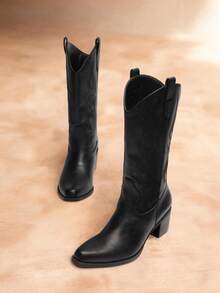 Women's Western Cowboy Mid-Calf Boots Embroidery Chunky Heel Music Festival Party Boots - màu đen - Xem 2