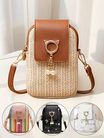 1pc Girls Casual Street Style Cute Mini Crossbody Phone Purse With Coin Pouch - Woven Fabric Design, Magnetic Snap, Polyester Lining, Adjustable Strap, Suitable For Going Out, Party, Vacation - Structure