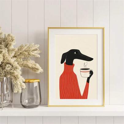 1 幅灰狗咖啡艺术版画，穿着毛衣的可爱狗狗，时尚海报，咖啡馆装饰，墙面艺术，墙面装饰，现代简约风格海报，客厅和卧室装饰，浴室装饰，理想礼物，不含画框