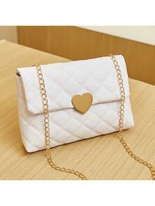 1Pc Girl's Argyle Metal Chain Small Square Bag, Cute Leisure Crossbody Bag, Solid Color Embroidered Mobile Phone Sling Bag