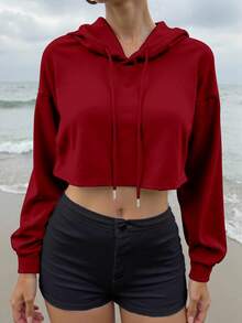 Spring Promotion - Women's Sports Sweatshirt, Short Design, Printed, Multiple Colors Available; Women's Short Thick Drawstring Hooded Sweatshirt, Suitable For Outdoor Sports, Running, Gym Activities - Red - View 8