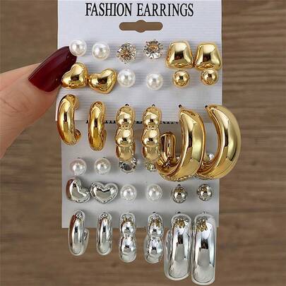 9 Pairs Fashion Pearl Geometric CCB Lightweight Earrings For Women, Suitable For Daily Wear