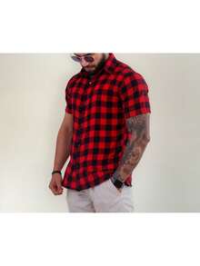 Men's Short-Sleeved Plaid Shirt For June Festivals, Viscose Linen - Đỏ - Xem 2