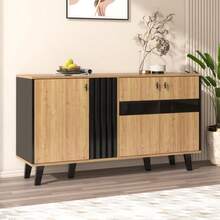 140 X 78.5 X 41 Cm Sideboard, Color-Coordinated Designer Sideboard Made Of Wood And Black With Storage Space, Cabinet With LED Lighting And Glass, Versatile In Use. [OLD SKU:WF313227228SAA] - Khaki - View 4