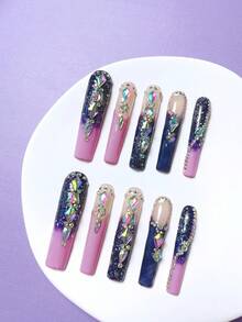 nailrosy 10pcs Handmade Extra Long Press On Nail False Nail Purple BOX INCLUDED Y2K Nails Wedding Press On Acrylic Nails Poly Gel Nail Kit Fake Nails Wedding Birthday Party Emo Goth Acrylic Nails Supplies Cute Elegant 3D Nail Art Gel Carving Gel Flowers Winter Crystal DIY Rhinestone Decor Luxury - Purple - View 3