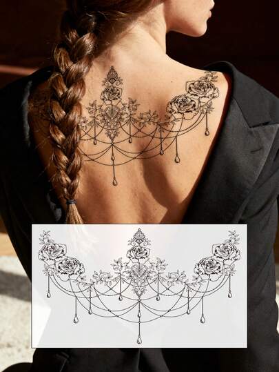 STARTTOOS Black Large Chest Temporary Tattoo - Vintage European Tassel Waterdrop Chain Pattern - Sexy Fake Tattoo Sticker For Chest, Abdomen, Back, Suitable For Carnival, Music Festival, Valentine's Day, Daily Party, Holiday Gift, Waterproof Realistic Tattoo Sticker