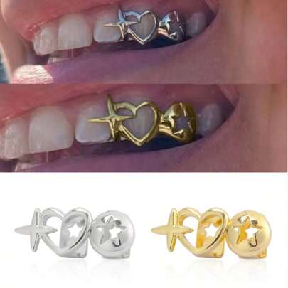 1 pieza Joyería dental con forma de cruz y corazón, estilo hip hop, diseño único de planeta hueco doble, accesorio estacional perfecto, decoración dental duradera