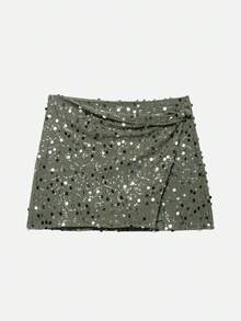 YROOE 时尚女装新款四季皆宜半身裙，街头风/性感风/派对/夜店风，欧美性感亮片紧身迷你裙 - 灰绿色 - 灰綠色 - 查看 3