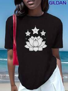 Camiseta de Mujer Roja con Estampado de Flor de Loto y Adornos Navideños - Manga Corta Pura, Cuello Redondo, Diseño de Loto y Estrella Dorada, Ajuste Cómodo para Todas las Estaciones, Uso Diario y Festivo, Tejido Suave y Transpirable para Camiseta de Flor de Loto, Moda de Temporada,Ropa Festiva - Negro - Ver 2