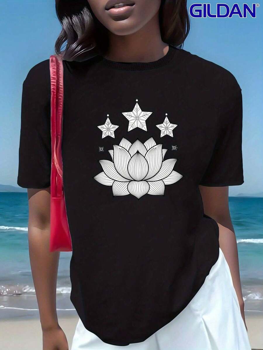 Camiseta de Mujer Roja con Estampado de Flor de Loto y Adornos Navideños - Manga Corta Pura, Cuello Redondo, Diseño de Loto y Estrella Dorada, Ajuste Cómodo para Todas las Estaciones, Uso Diario y Festivo, Tejido Suave y Transpirable para Camiseta de Flor de Loto, Moda de Temporada,Ropa Festiva