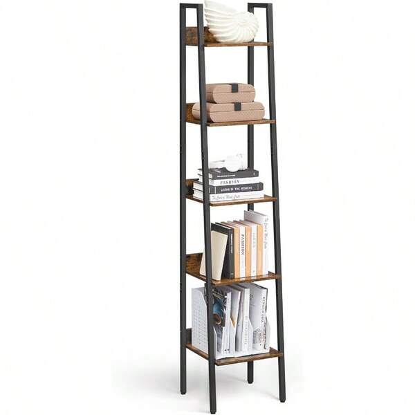 Bookshelf 5Tier Narrow Book Shelf 11.8 X 13.3 X 66.9 Inches Ladder Shelf For Home Office Living Room Bedroom Kitchen Rustic Brown And Ink Black ULLS109B01