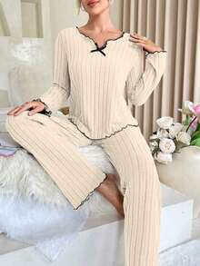 2pcs Women's Spring, Autumn & Winter Pajama Set, Casual Ribbed Trim Loungewear - Apricot - View 1