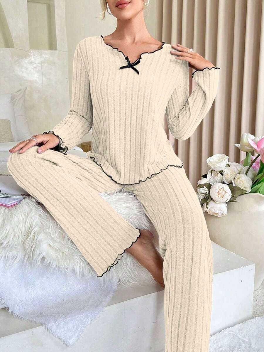 2pcs Women's Spring, Autumn & Winter Pajama Set, Casual Ribbed Trim Loungewear - Apricot - View 1