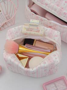 1件/套粉色条纹印花绗缝旅行化妆包套装，适合女孩，大容量，可收纳吹风机、美发工具，包含化妆包、卷发棒、化妆品、护肤品等，大容量洗漱包，内置口袋设计，带吹风机收纳袋，拉链多功能美发工具收纳包 - 彩色 - 查看 9