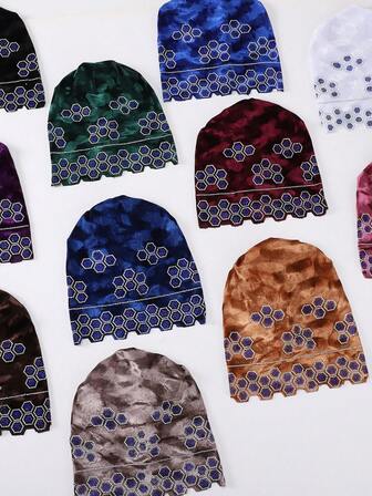 1pc Fashionable Asymmetrical Graphic Heavily Embellished Gradient Velvet Shiny Decorative Hair Wrap Hijab Cap With Crystal Accessories