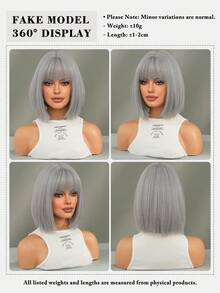 7JHH WIGS Elegant 12'' Bob Women's Wigs - Gray Short Straight Wig With Bangs Mix White Highlight Hair, Natural Looking Synthetic Heat Resistant Fiber Fake Hair Wigs For Women & Girls Daily Use, Festival Ready & Party Decoration Wigs Accessory