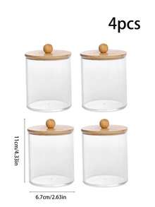 4pcs Accessories With Bamboo Cover Dispensor Holder For Swab, Round Pad, Dental Flosser, Etc. - 10oz Clear Plastic Dispensing Jars Packaging Set For Bathroom/Kitchen Vanity Storage Organizer