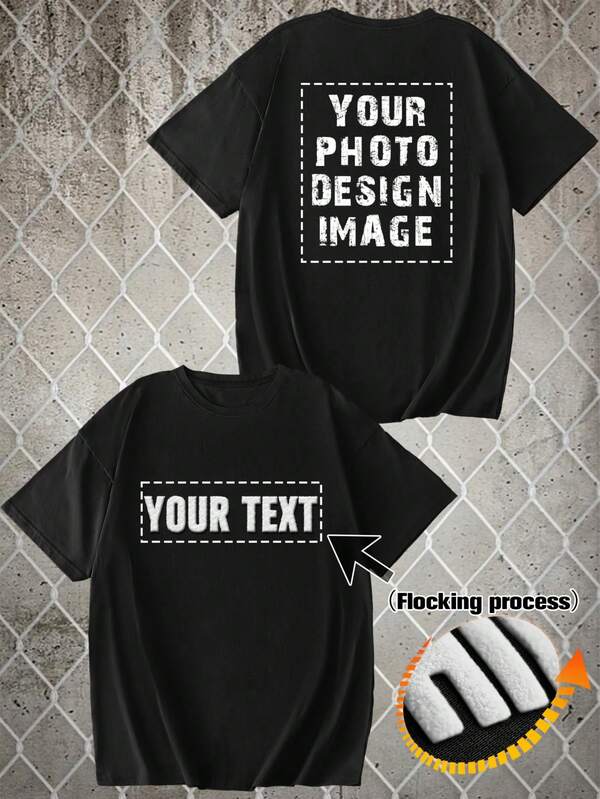 Customized T-Shirt For Men, Using Flocking Technology To Customize Your Slogan, Flocked Texture Text Print, Customized T-Shirt For Men, Upload Your Own Photos (Partner, Pet, Group Photo) To Design Your Personalized Printed T-Shirt, Customized Workwear, Company Team Building Uniforms, Christmas Outfits, Suitable For Family, Couples, Parent-Child, Organization, Hoodies Suitable For Family, Couples, Parent-Child, Organization, Men's Short Sleeve