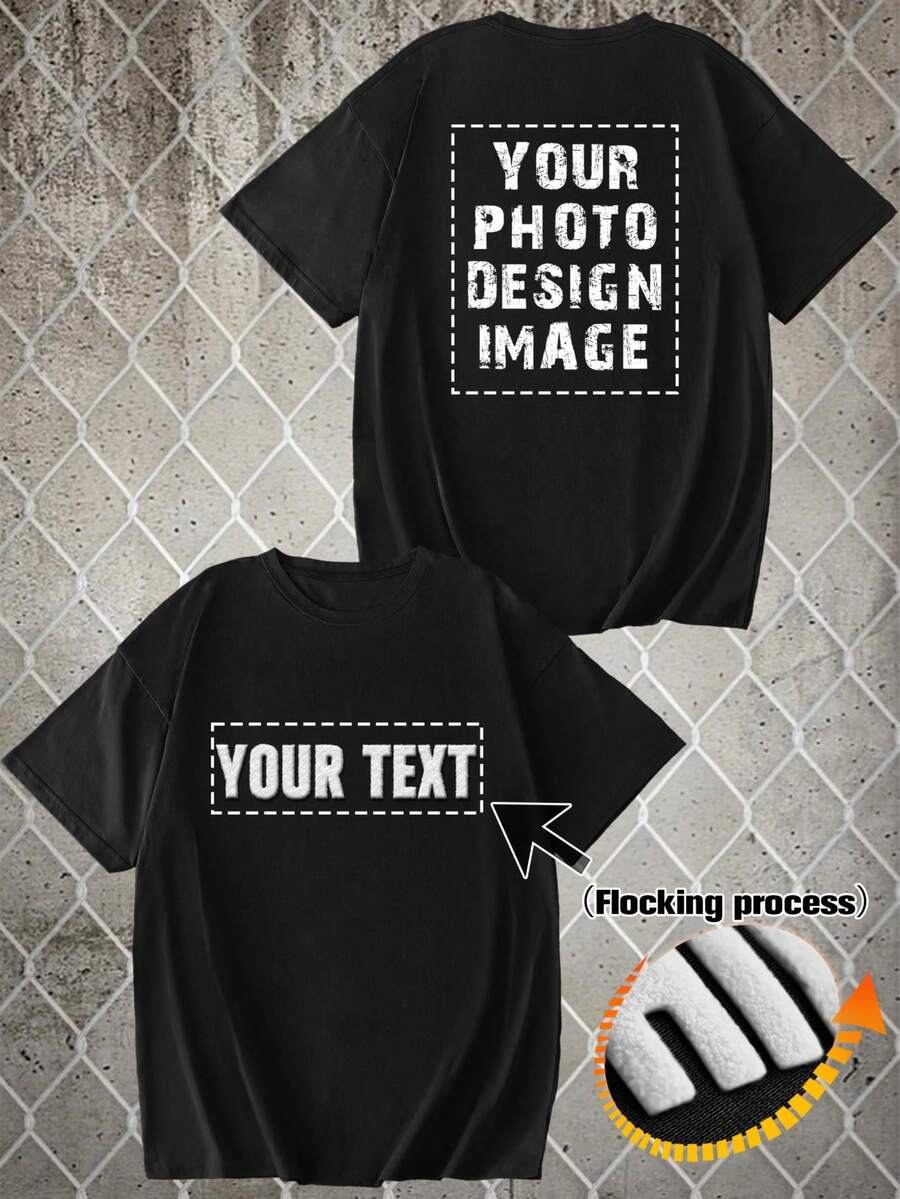 DIY Custom Unisex Personalized T-Shirts With Flocking Printing, Requiring High-Resolution Photos Of Lover Friend Pet Logo, Graphic Tee - Black - View 1
