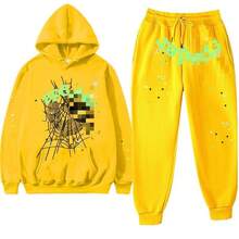 Y2K Sp 5der 55555 Letter Jogger Pants Spider Web Print Couple Sweatshirt Men And Women Hoodie Sweatshirt Set - Y黃色黃網白sp5der - 查看 5