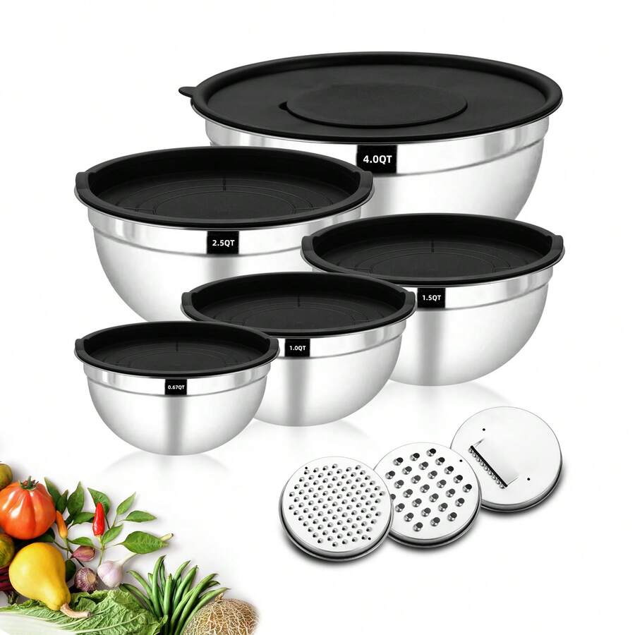 5pcs Stainless Steel Mixing Bowls With Lids, 3 Grater Attachments, Stackable Mixing Bowls For Salad, Fruit, Pasta & Baking,  Round Shape, Novelty Kitchen Cooking Tools - màu đen - Xem 1