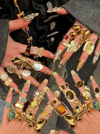 Vintage Elegant Fashion Assorted 35/28/22/18/17/15/11/5pcs Metal Rhinestone, Faux Pearl, Tiger Eye, Flower, Bow, Sun, Square, Semi-Circle, Irregular Line Wrapped Adjustable Rings Set, Hollow Stackable Rings Suitable For Women, Men, Couples, Best Gift For Anniversary, Party, Daily Matching, Holiday (Random Style Shipped)